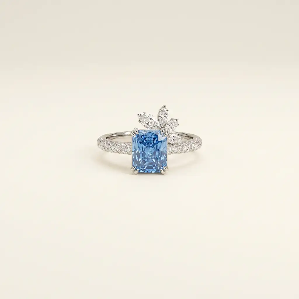 Platinum 2.0ct Cushion Cut Lab-Grown Blue Diamond Marquise Leaf Ring 1