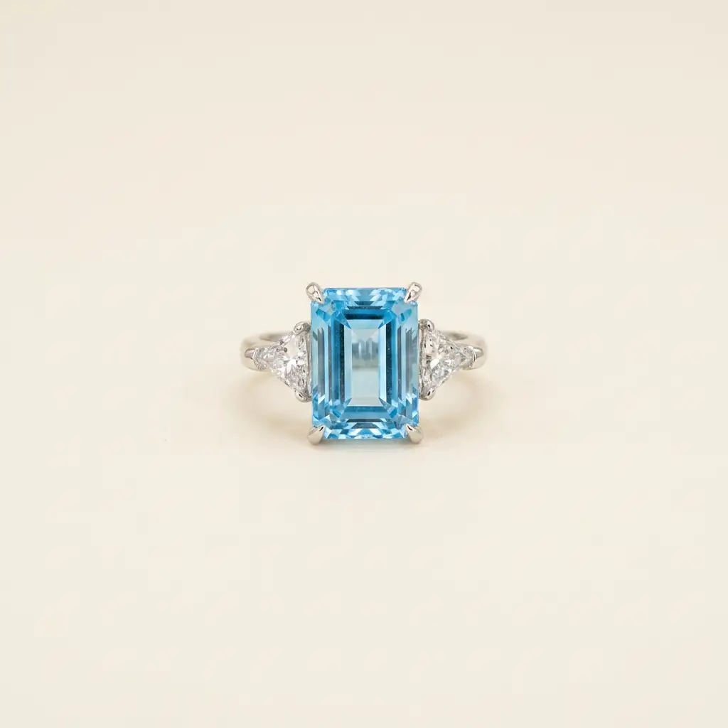 Platinum 5.04ct Emerald Cut Lab-Grown Blue Diamond Trillion Three-Stone Ring 1