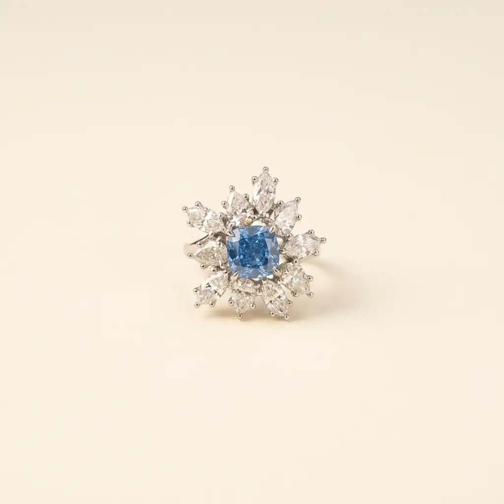 Anillo de platino con diamante azul sintético talla cojín de 2,07 ct y forma de flor marquesa con pétalos. 1