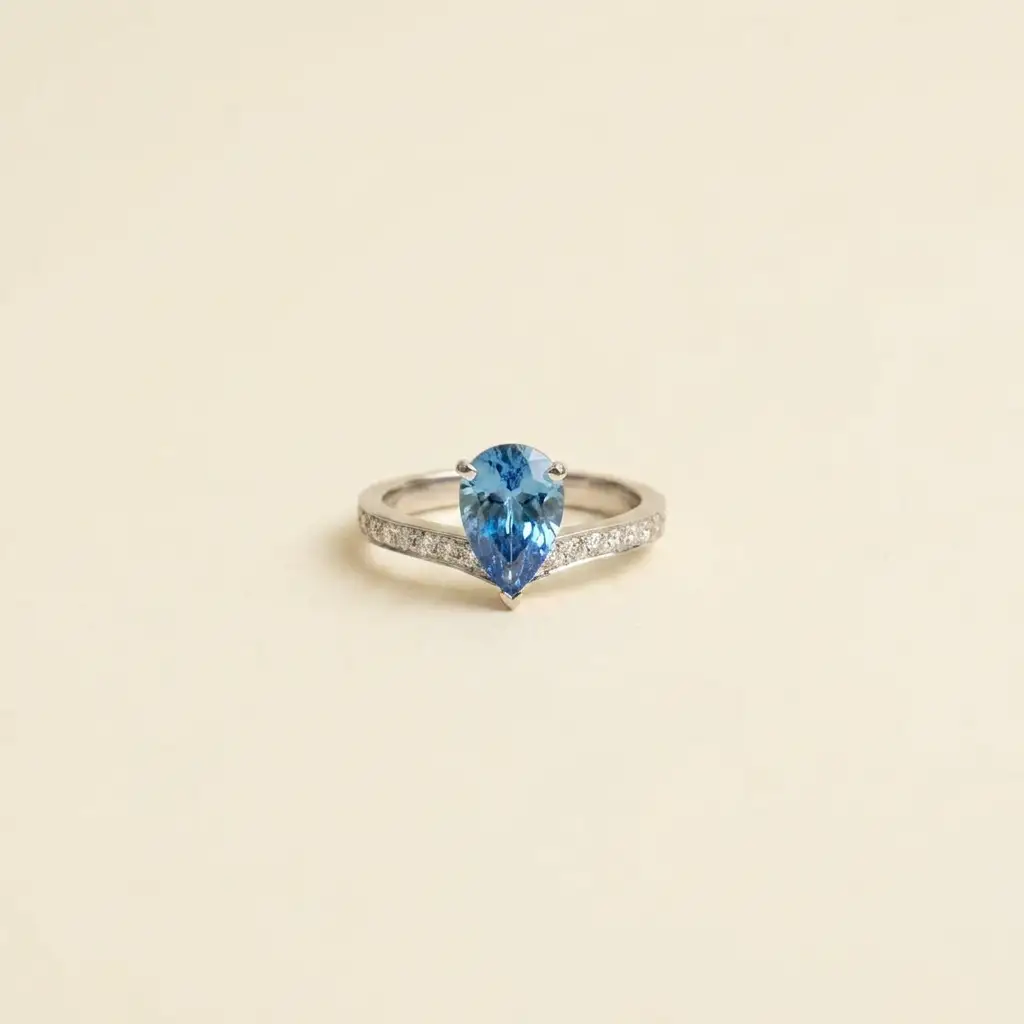 Platinum 1.58ct Pear Cut Lab-Grown Blue Diamond Pave V-Shank Ring 1