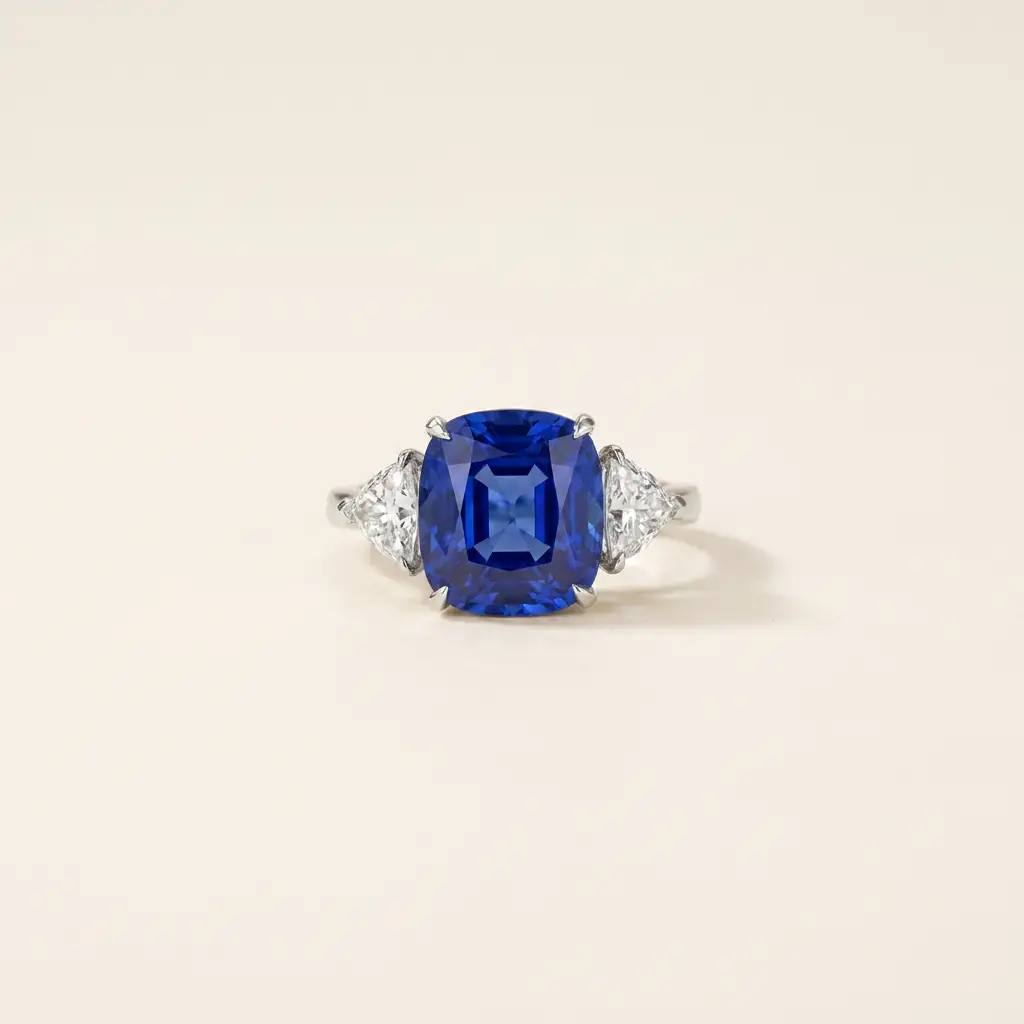 Platinum 10ct Cushion Cut Lab-Grown Royal Blue Sapphire Trillion Three-Stone Ring 1