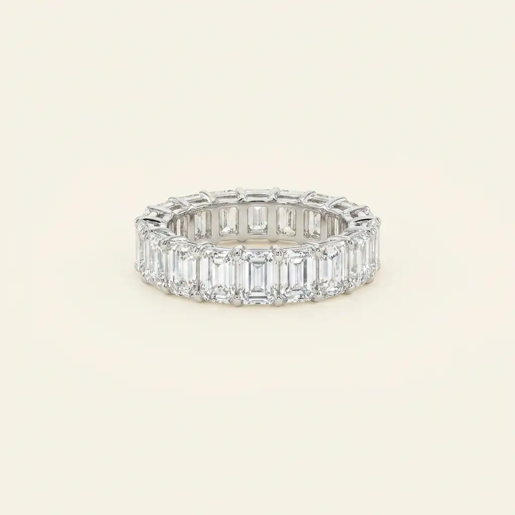 14K White Gold 4.9ct Emerald Cut Lab Diamond Full Eternity Ring 1