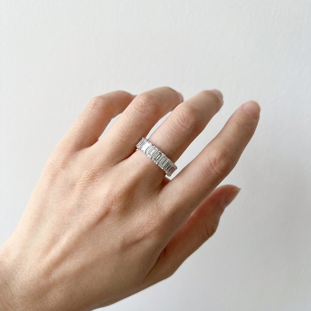 18K White Gold 9.477ct Emerald Cut Lab Diamond Full Eternity Ring 4