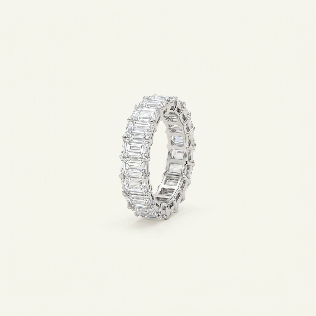 18K White Gold 5.841ct Emerald Cut Lab Diamond Full Eternity Ring 2