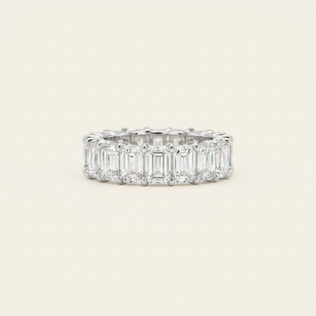 18K White Gold 5.841ct Emerald Cut Lab Diamond Full Eternity Ring 1