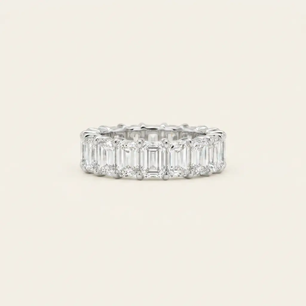 18K White Gold 9.477ct Emerald Cut Lab Diamond Full Eternity Ring 1
