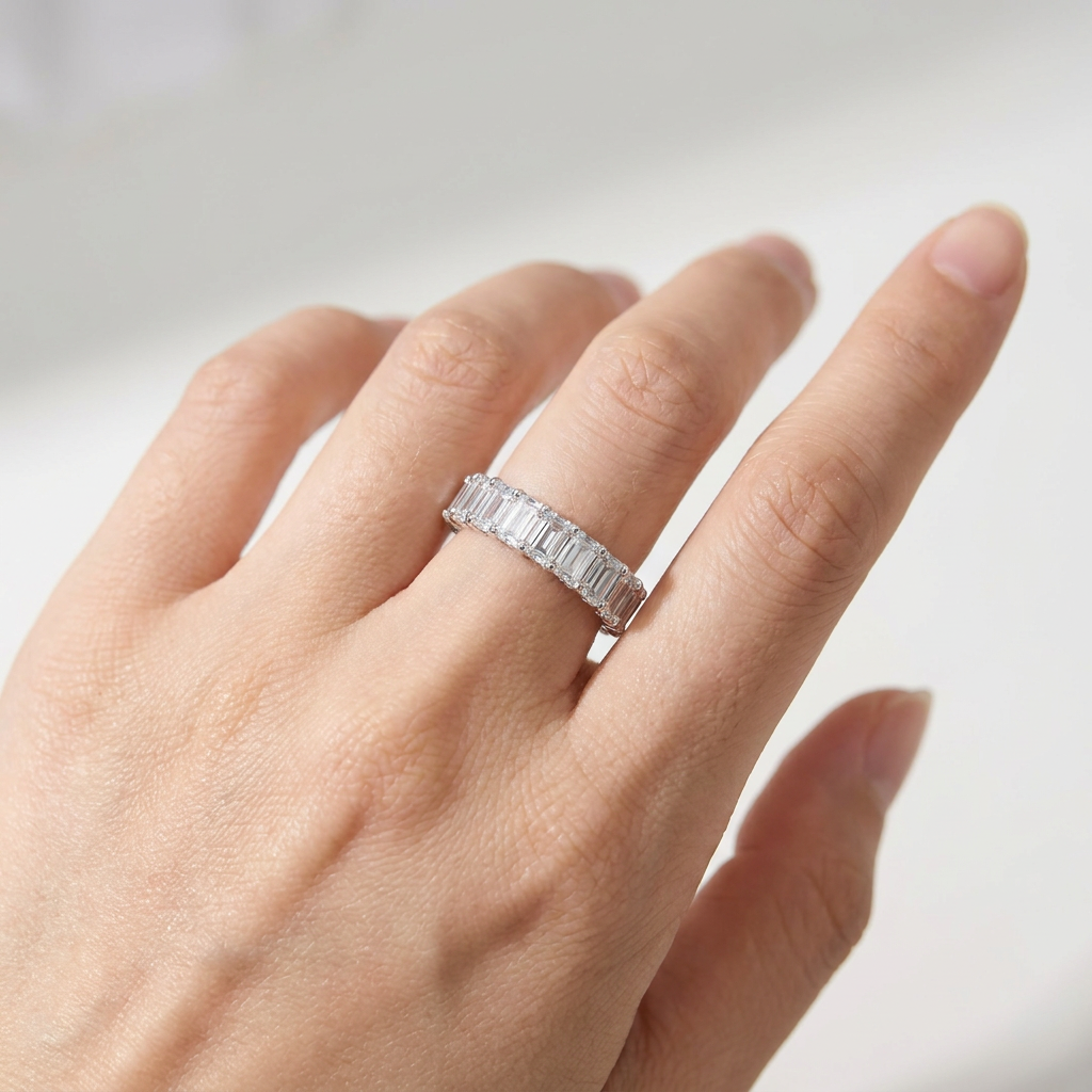 18K White Gold 5.841ct Emerald Cut Lab Diamond Full Eternity Ring 4