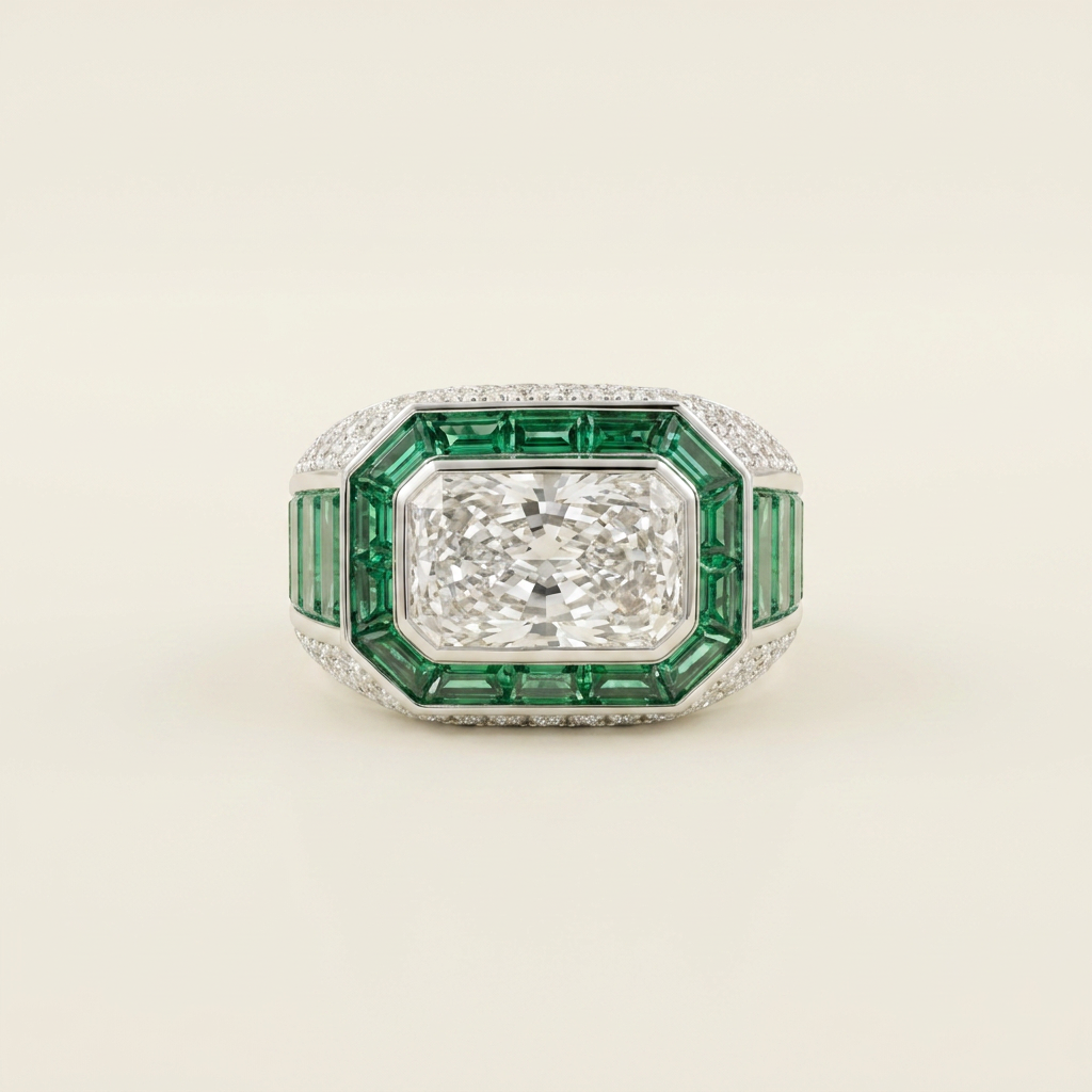 Platinum 2.53ct Radiant Cut Lab Diamond Ring with Invisible Set Lab Emerald Accents & Pave Band 1