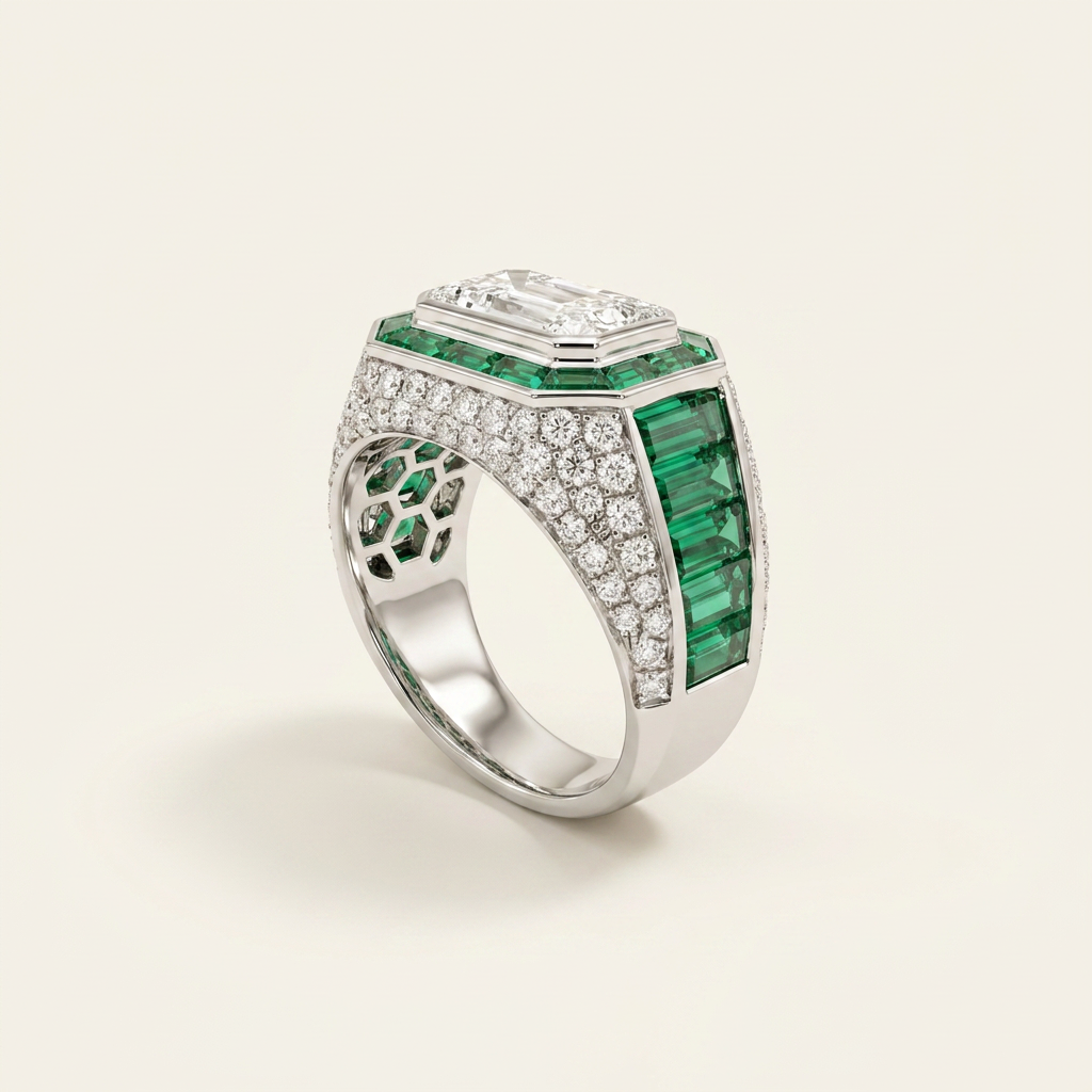 Platinum 2.53ct Radiant Cut Lab Diamond Ring with Invisible Set Lab Emerald Accents & Pave Band 2