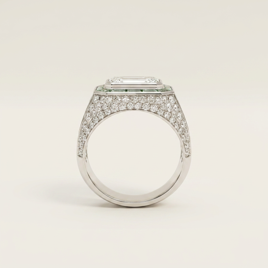 Platinum 2.53ct Radiant Cut Lab Diamond Ring with Invisible Set Lab Emerald Accents & Pave Band 3