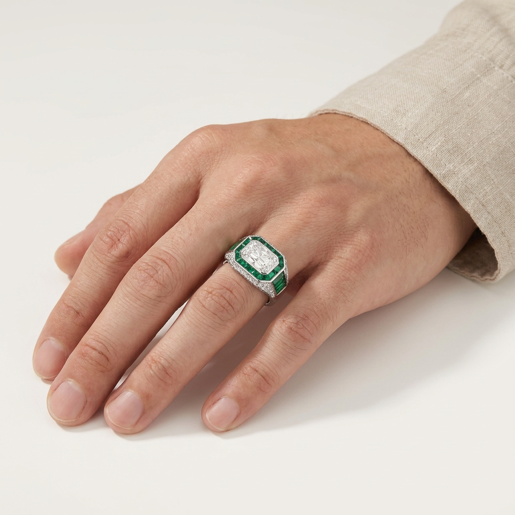 Platinum 2.53ct Radiant Cut Lab Diamond Ring with Invisible Set Lab Emerald Accents & Pave Band 4