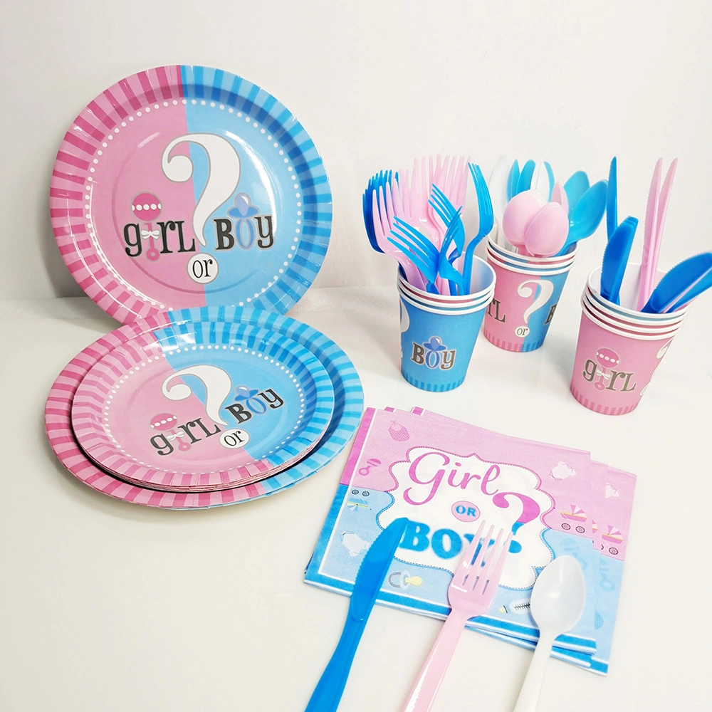 Gender Reveal party szett fiúknak és lányoknak tányérokkal, csészékkel és kellékekkel 1