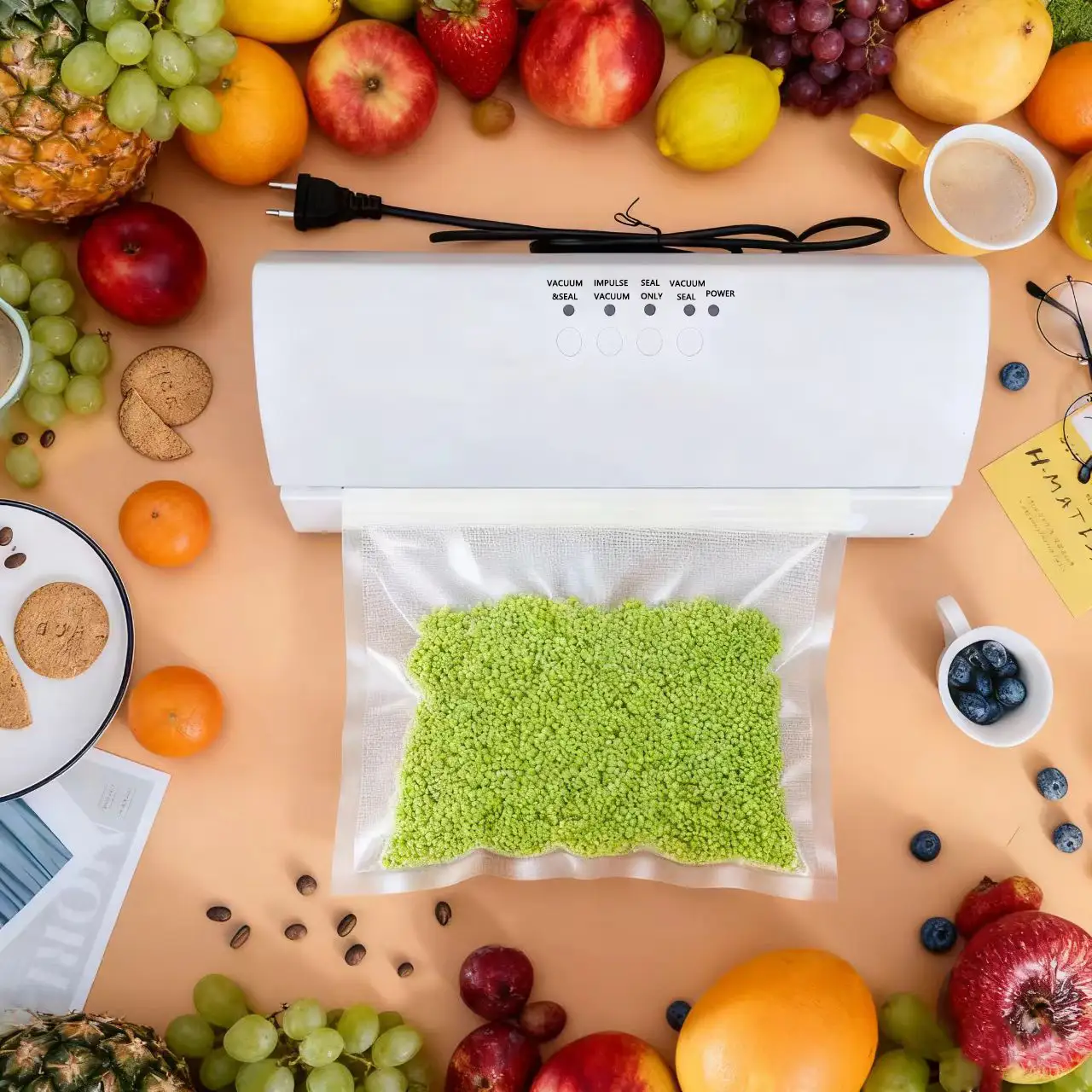 Sistema de envasado al vacío de sobremesa con compartimento integrado para guardar rollos de bolsas y cortador deslizante para la conservación de alimentos VS5 1