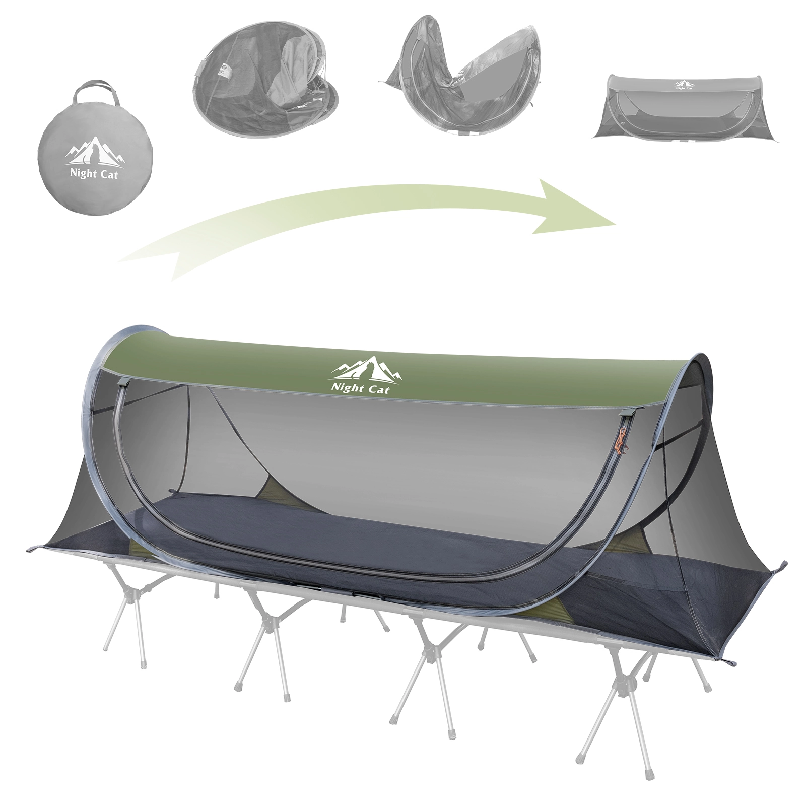 Tente moustiquaire pliante Night Cat : tente de camping 1 personne avec moustiquaire intégrée. Montage facile. Compatible avec un lit de camp (non inclus). 1