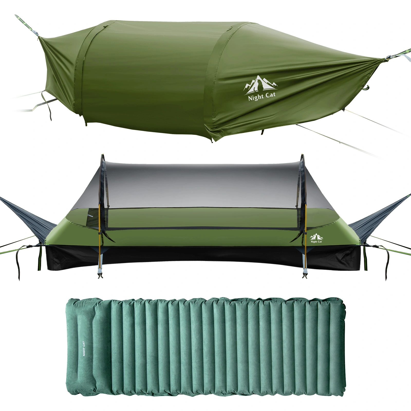 Hamac-tente Night Cat Flat Lay avec moustiquaire et double-toit imperméable pour 1 personne, idéal pour la randonnée, le camping et le trekking. Léger (150 kg), il pèse 221 x 71 x 48 cm (sans matelas de sol). 1