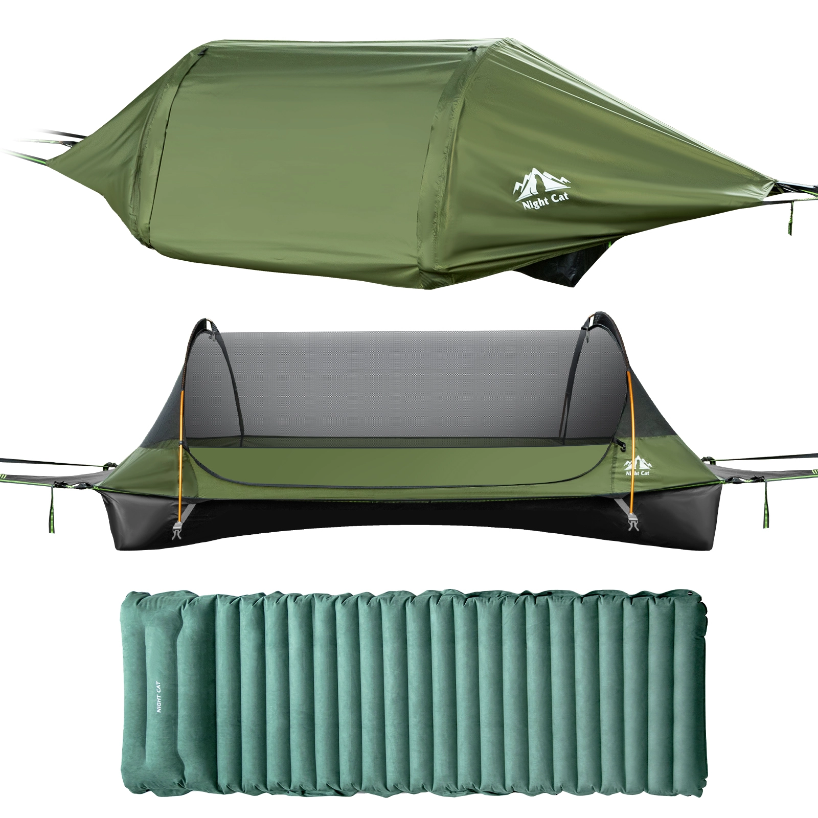 Night Cat Hängemattenzelt zum einfachen Liegen mit Moskitonetz und wasserdichtem Regenschutz für 1 Person, ideal für Rucksackreisen, Wandern und Camping. Leichtgewicht (150 kg), Maße: 221 x 71 x 48 cm (inkl. Isomatte). 1