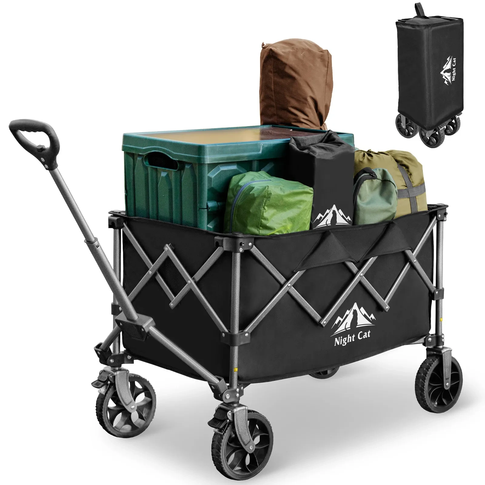 Night Cat Collapsible Wagon for Camping: 150L Garden Gart with Wheels Heavy Duty - Folding Utility Wagon for Outdoor Beach 1