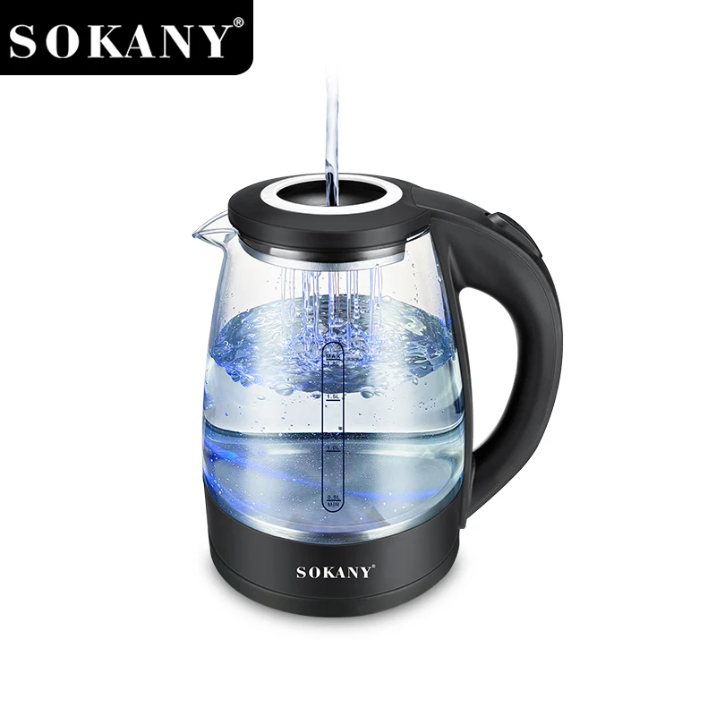 Sokany SK-09067 1500W 1.8L Paslanmayan Polad İstilik Plitəsi ilə High Borosiliate şüşə elektrikli çaydanı 1