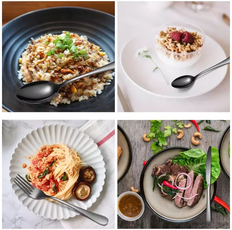 Neoksidebla ŝtala matta arĝenta tuko 20 -peca arĝenta aro kun PVD nigra koloro 12