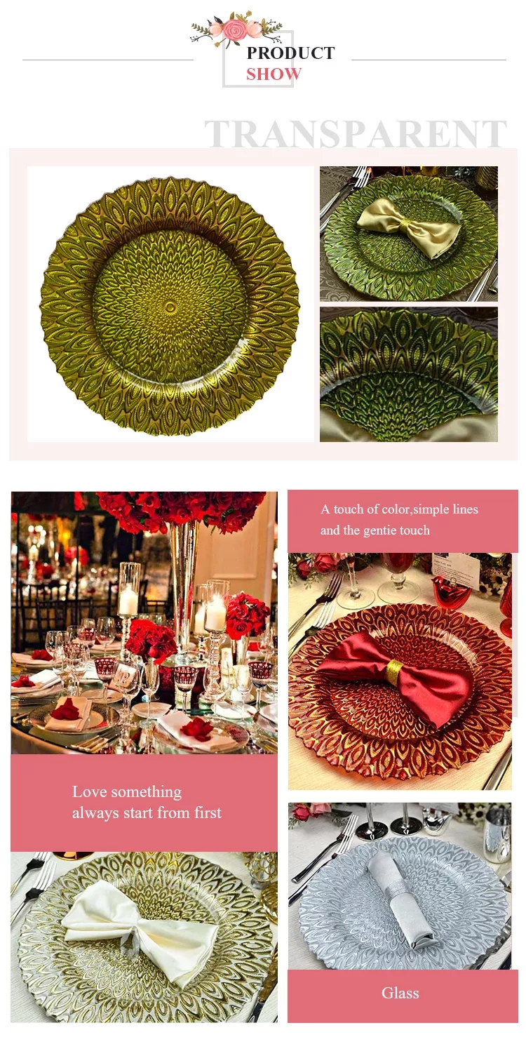 Malmultekosta geedziĝa vitro pavo verda ŝargilo platoj pogranda 10