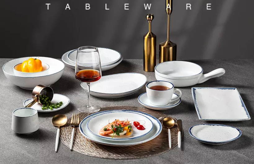 Pogranda vintage pentrita porcelana tablo kaj blua randa rektangula blanka ceramika sushi-plato 3