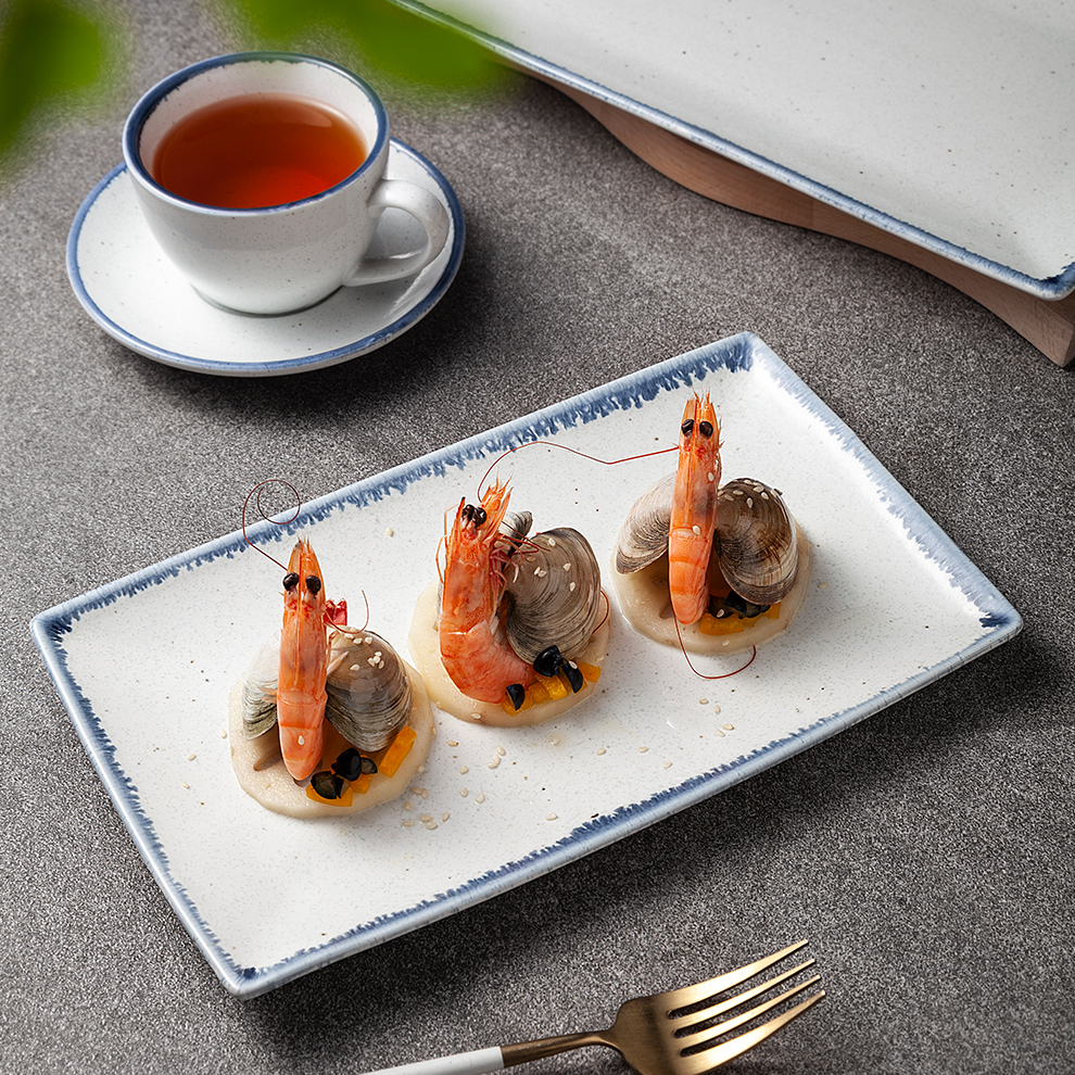 Pogranda vintage pentrita porcelana tablo kaj blua randa rektangula blanka ceramika sushi-plato 4