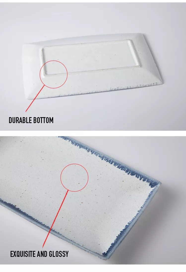 Pogranda vintage pentrita porcelana tablo kaj blua randa rektangula blanka ceramika sushi-plato 6