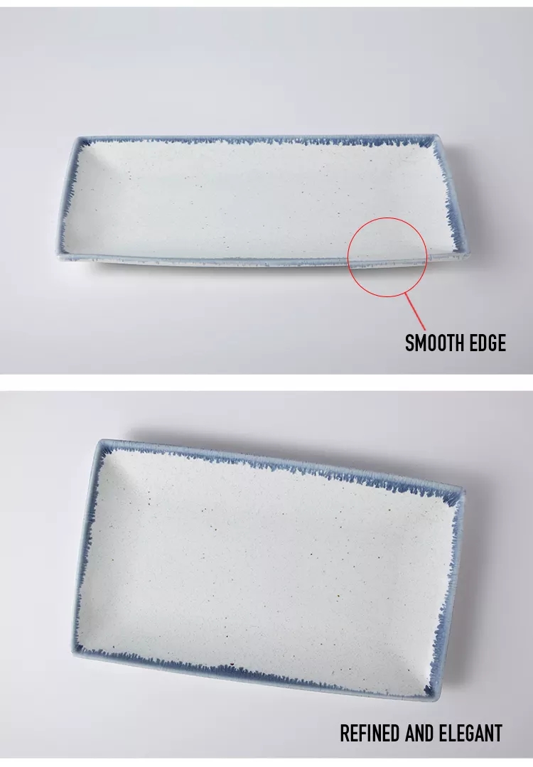 Pogranda vintage pentrita porcelana tablo kaj blua randa rektangula blanka ceramika sushi-plato 5