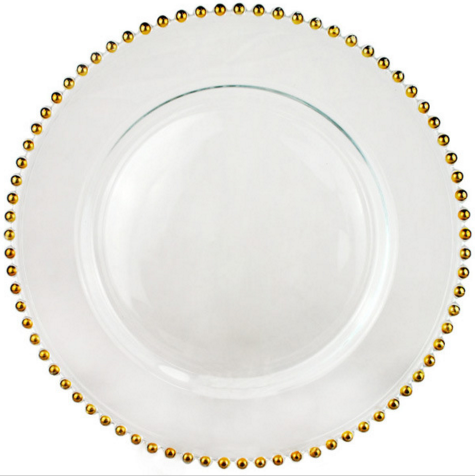 Wedding dinner set gold rim ceramic square dinner plates glass charger plates beaded champagne wine glass cup