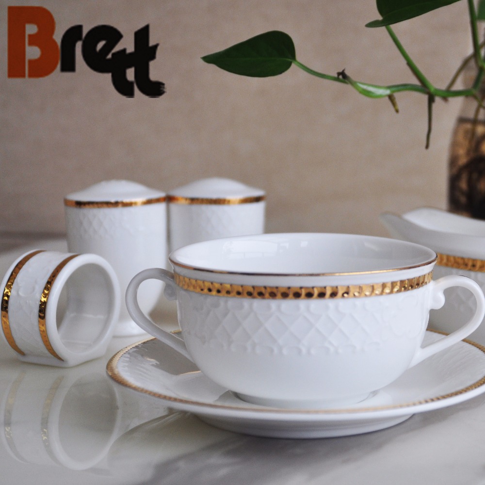 Chinabrett - Dubai Ceramic Gold Rim Coupl с дръжки и чинийка златен джан Порцеланов съдове за вечеря 1
