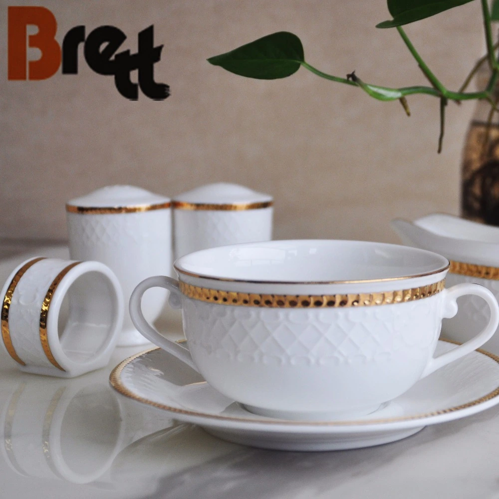 Chinabrett-ドバイセラミックゴールドリムスープボウルハンドルとソーサーゴールドリム磁器食器付き 1