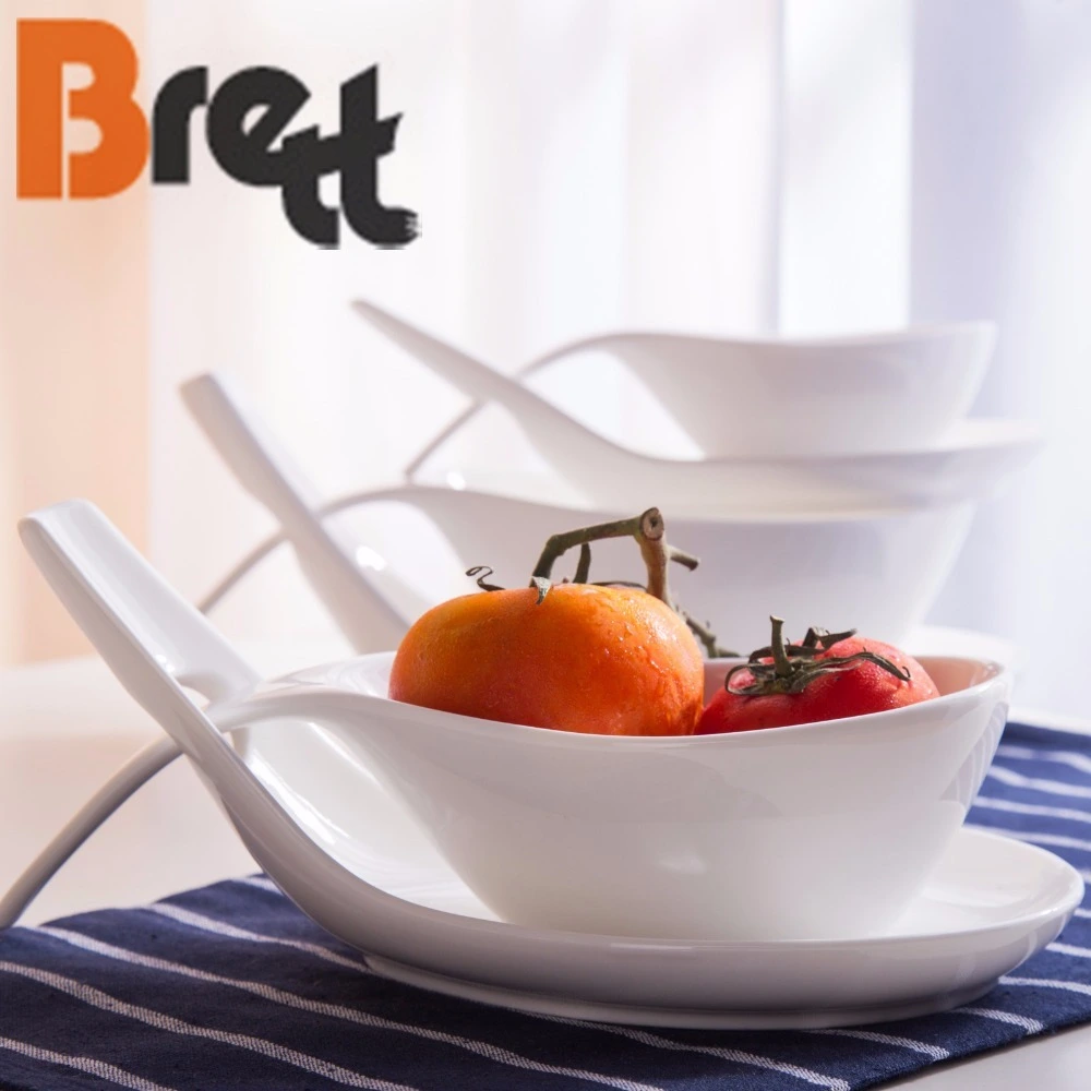 CHINABRETT - Unique Ceramic Stackable Double Spoon Soup Bowls For Buffet White porcelain dinnerware 1