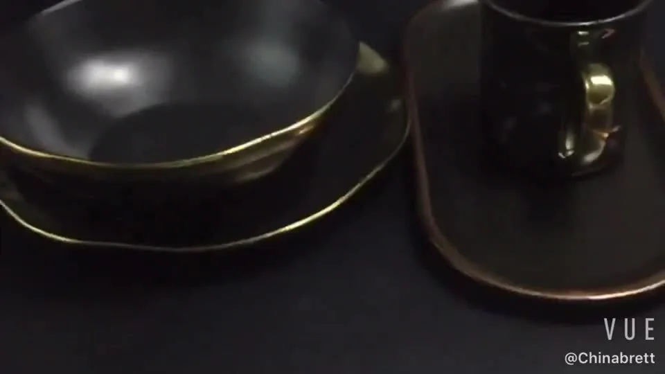 Chinabrett - Plej vendanta okcidentan ceramikan nigran kaj blankan kafan tason kun ora bordo 360ml kafejo kaj taso 1