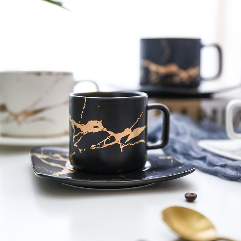 Marbling Matte Gold Japana Nigra kaj Blanka taso kaj Saŭco Fiksita Kafo -Pokalo 100ml 250ml 11