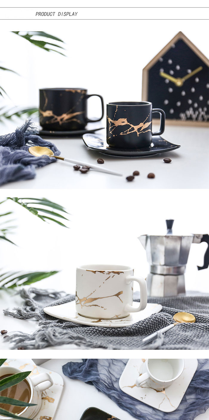 Marbling Matte Gold Japana Nigra kaj Blanka taso kaj Saŭco Fiksita Kafo -Pokalo 100ml 250ml 15