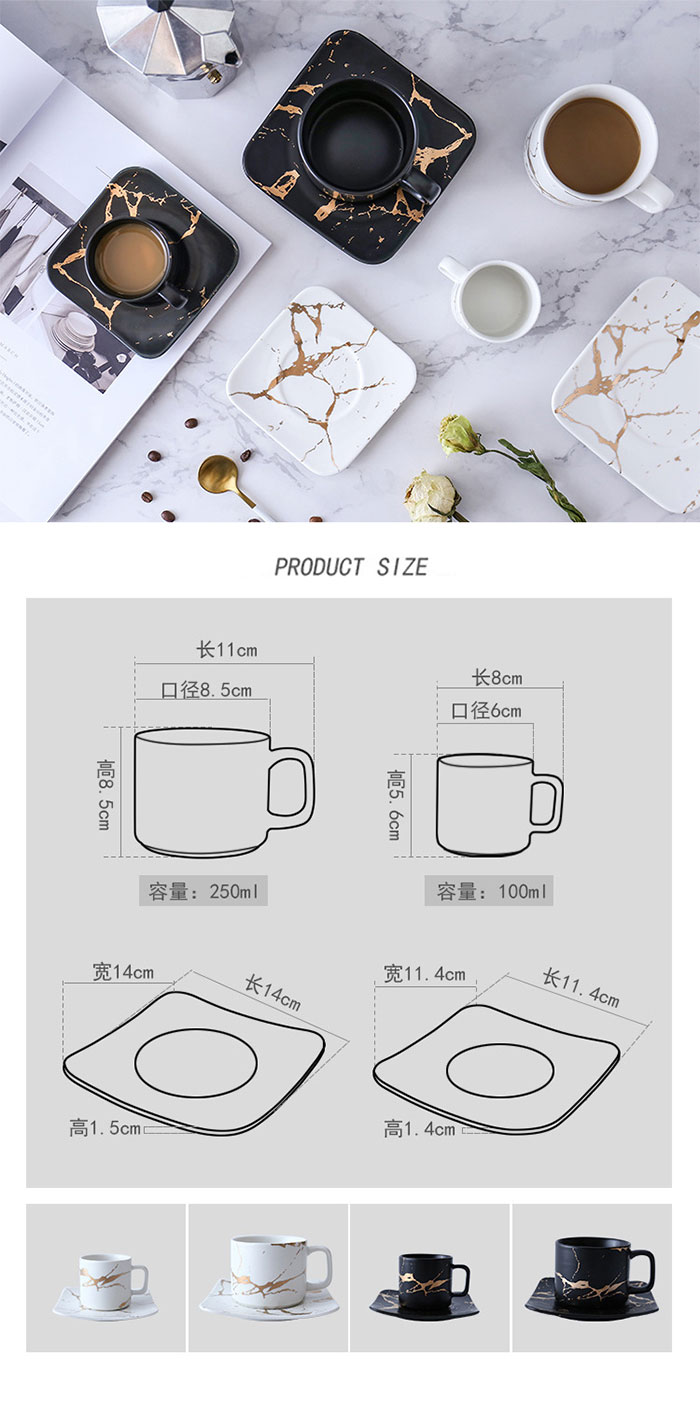 Marbling Matte Gold Japana Nigra kaj Blanka taso kaj Saŭco Fiksita Kafo -Pokalo 100ml 250ml 13