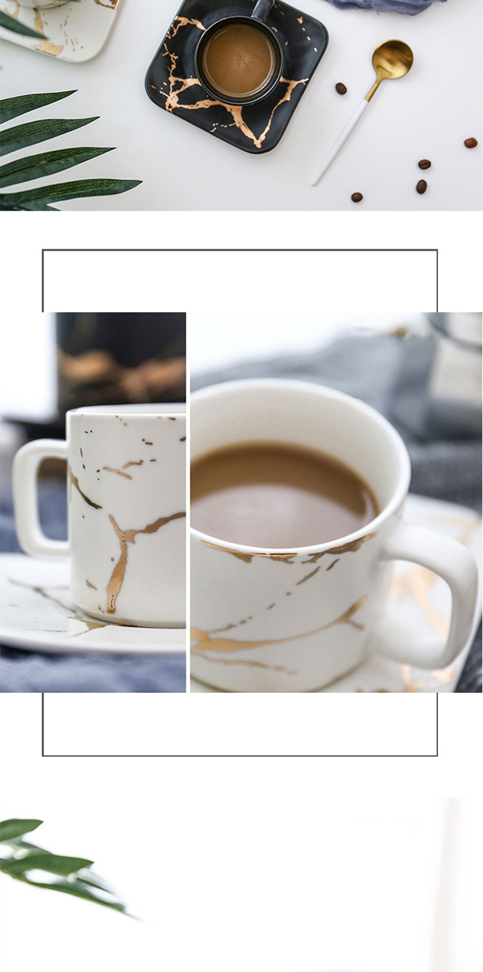 Marbling Matte Gold Japana Nigra kaj Blanka taso kaj Saŭco Fiksita Kafo -Pokalo 100ml 250ml 17