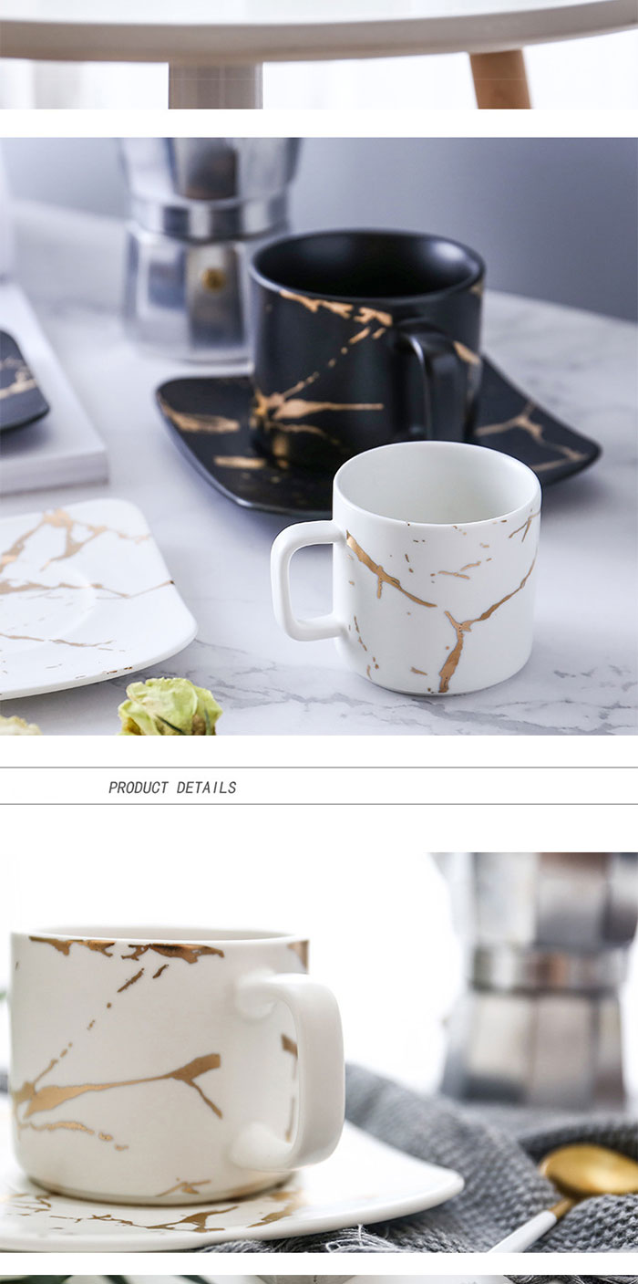 Marbling Matte Gold Japana Nigra kaj Blanka taso kaj Saŭco Fiksita Kafo -Pokalo 100ml 250ml 23