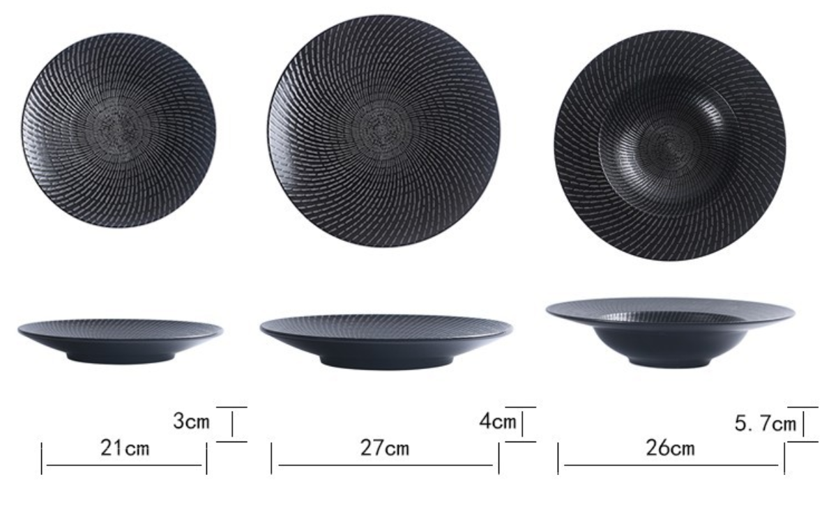 2019 Nova Alveno Nigra kaj Blanka Ceramika Vespermanĝa Aro kun Ora Tranĉilo Fiksita Pizza Tranĉilo Restoracio Steak Plate 14