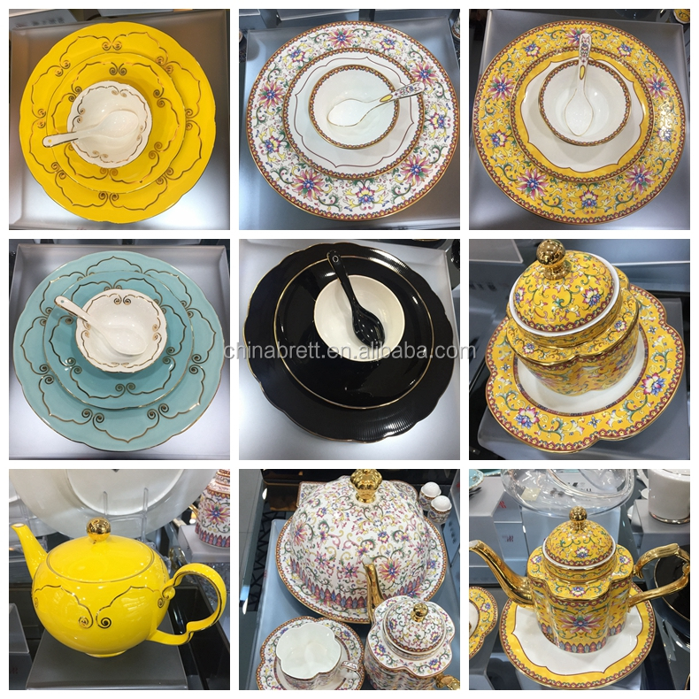 Ĉina Brett - Luksa Nigra kaj Blanka osto Ĉina Vespermanĝo kun Ora Rim Kolora Porcelana Vespermanĝo 10