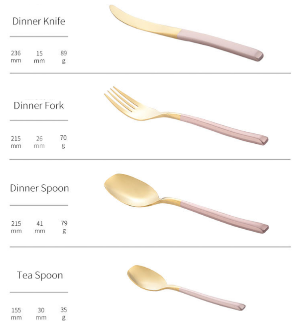 Ora neoksidebla ŝtala bifsteko, forko kaj kulero de 4 pecoj 14