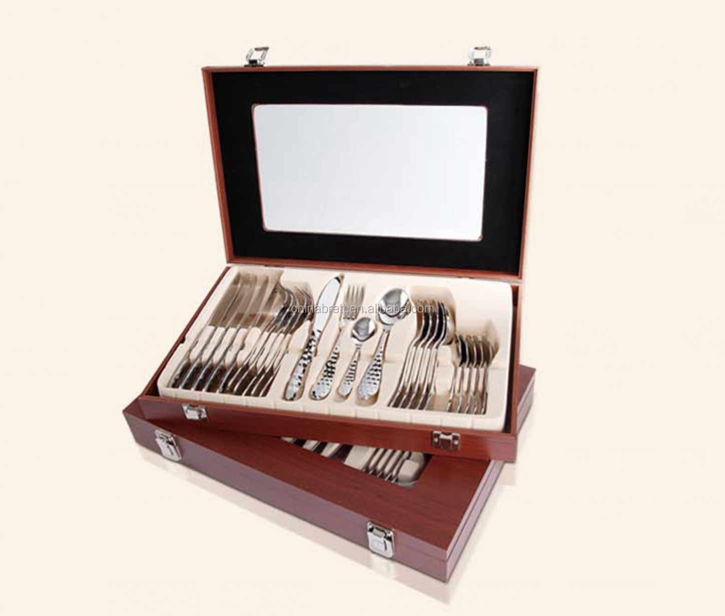 Chinabrett - Neoksidebla ŝtalo 24 PCS -tranĉaĵoj starigitaj lignaj skatolaj tranĉaĵoj kun skatolo 4