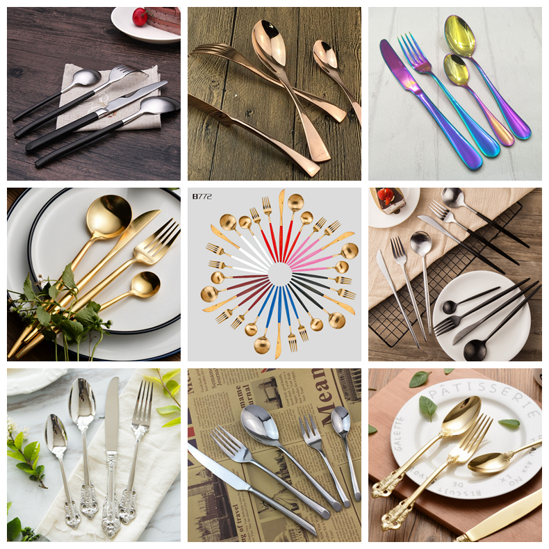 Chinabrett - Hotela Restoracio Neoksidebla Flatware 24pcs Arĝenta Ora Plated Cutlery Set Cutlery kun Skatolo 22