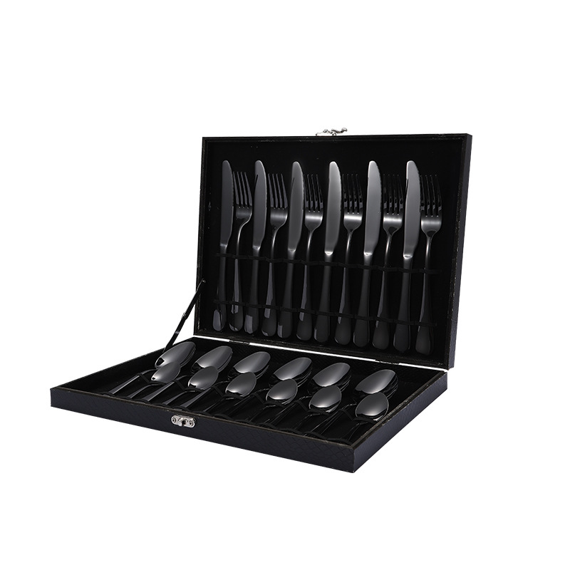Chinabrett - Hotela Restoracio Neoksidebla Flatware 24pcs Arĝenta Ora Plated Cutlery Set Cutlery kun Skatolo 18