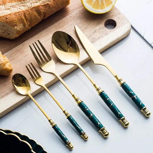 Ceramika marmora tenilo platware neoksidebla tranĉilo aro forko tranĉilo kaj kulero aro ceramika tenilo ss cutlery 1