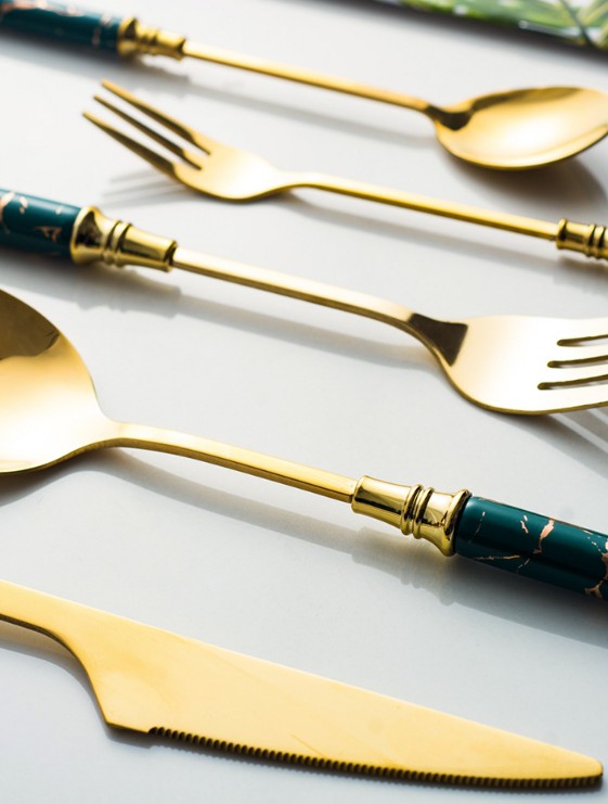 Ceramika marmora tenilo platware neoksidebla tranĉilo aro forko tranĉilo kaj kulero aro ceramika tenilo ss cutlery 30