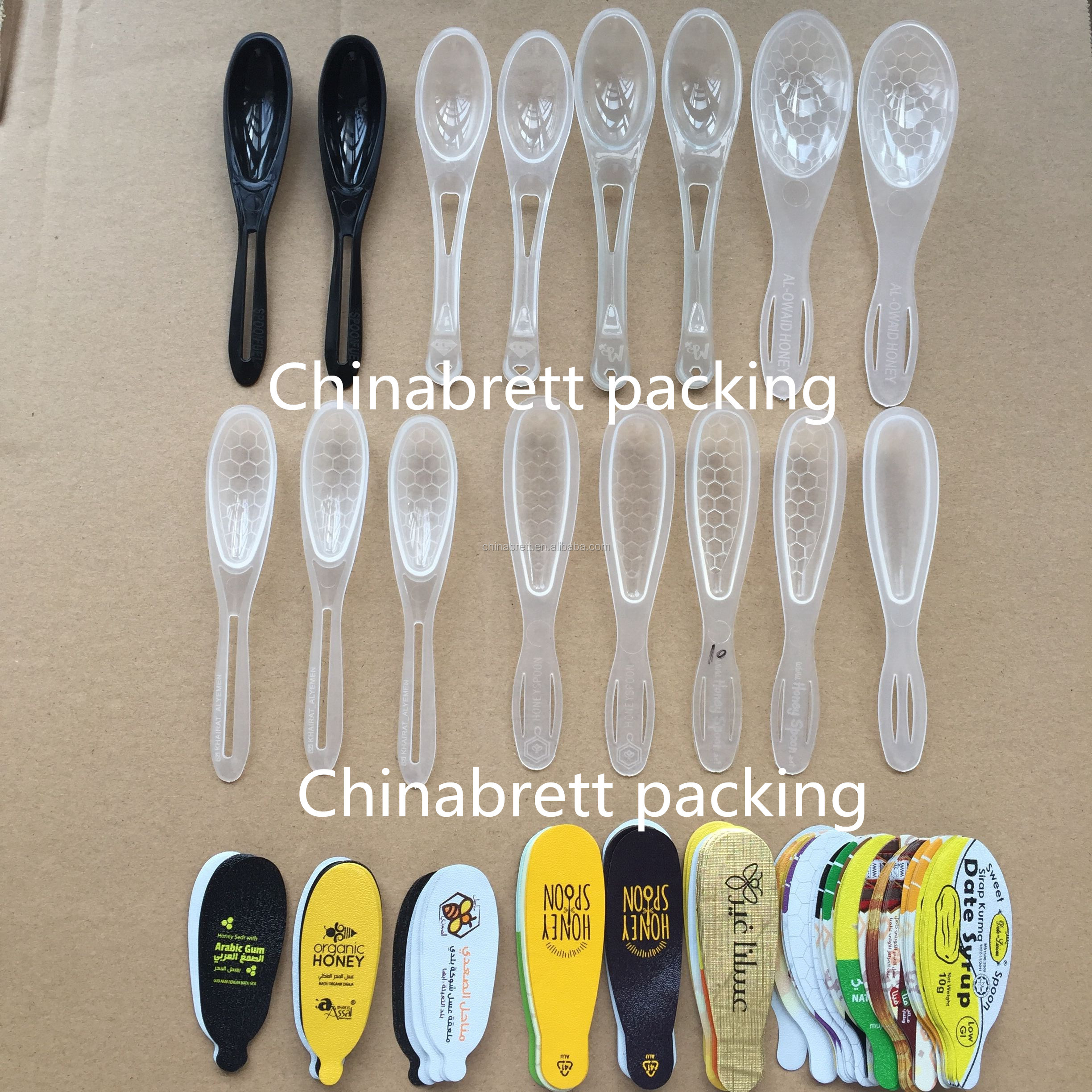 Popular 10g plastic cup transparent honey spoon with foil film and wrappers