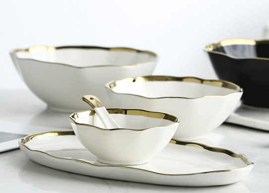 Okcidenta Restoracio -Kroko Fiksita Ceramika Nigra Blanka Porcelana Vespermanĝa Plato Kun Ora Bordo 29