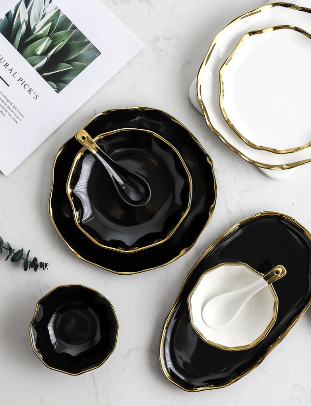 Okcidenta Restoracio -Kroko Fiksita Ceramika Nigra Blanka Porcelana Vespermanĝa Plato Kun Ora Bordo 13