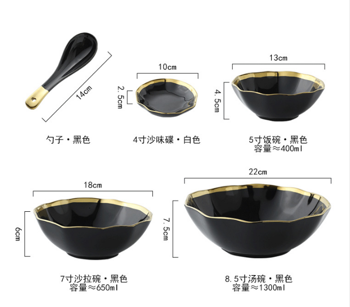 Okcidenta Restoracio -Kroko Fiksita Ceramika Nigra Blanka Porcelana Vespermanĝa Plato Kun Ora Bordo 17